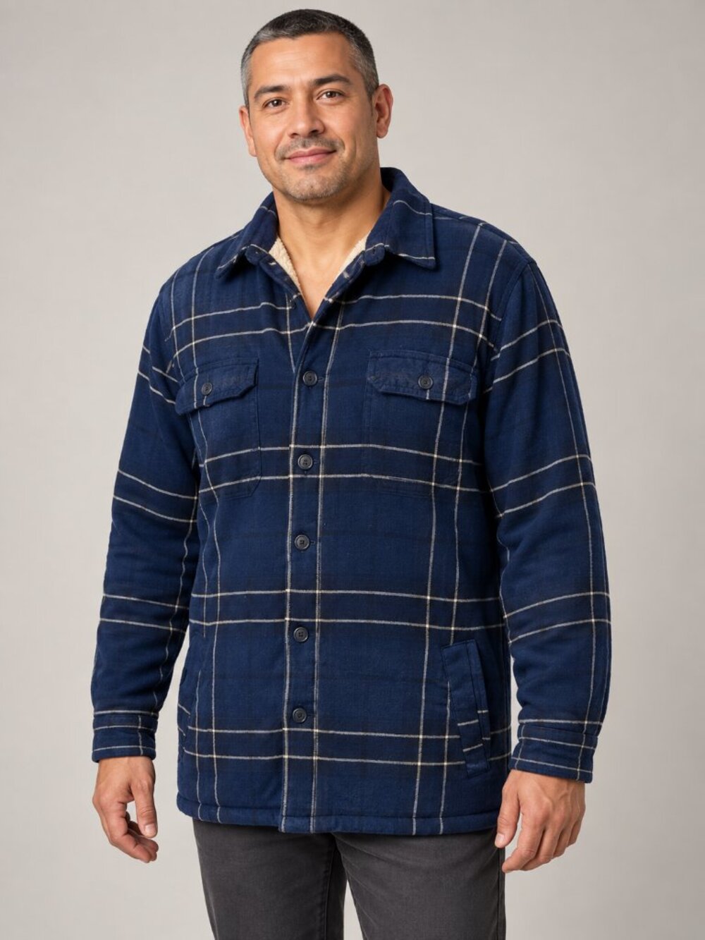 Lands' End Men's L Navy Plaid Sherpa Lined Button Down Shirt Jacket 100% Cotton